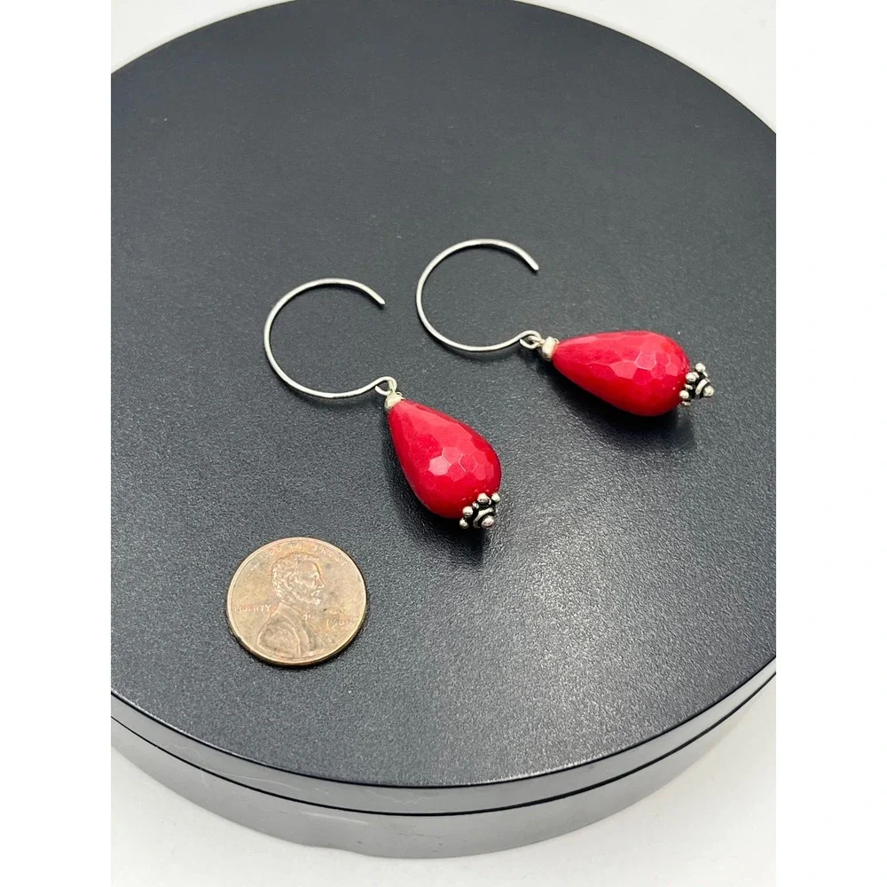 Genuine Red Jadeite‎ Sterling Silver 925 Dangle Earrings Faceted Teardrop 2